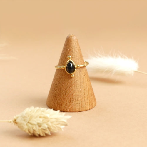Bague fantaisie goutte noire, bague dorée ajustable
