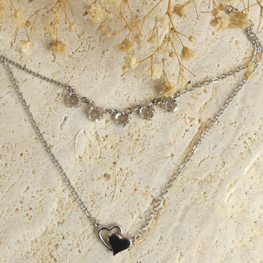 Collier double coeur et 5 cristaux Swarovski argent