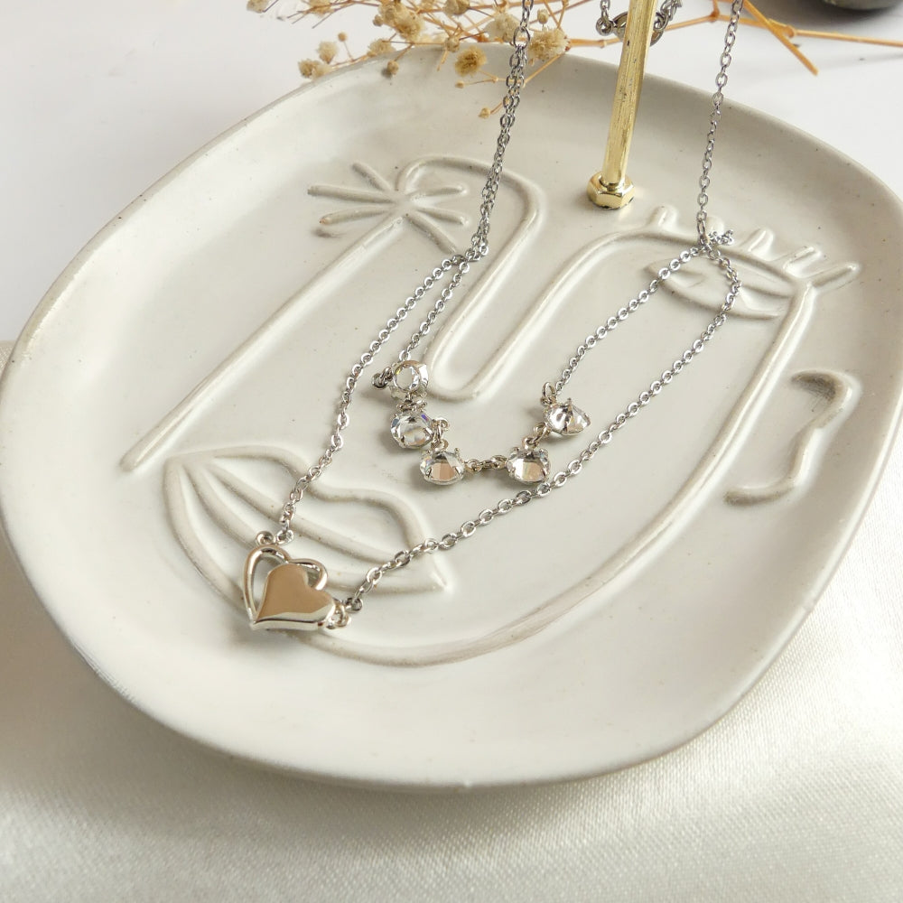 collier double coeur et 5 cristaux