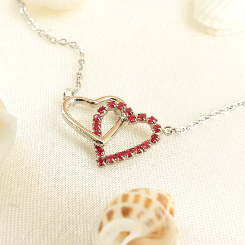 double coeurs cristaux rouge et argent