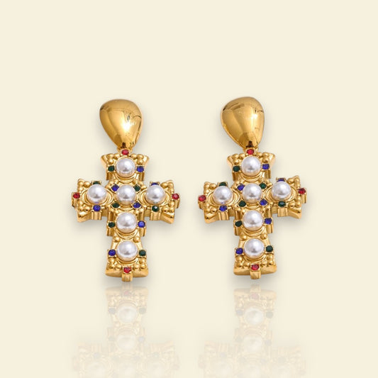 boucles d’oreilles en croix pour femme Maria, un bijou fantaisie original chargé de spiritualité