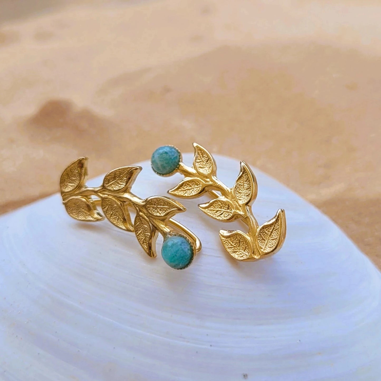 bijoux boucles d’oreilles climbers feuille de laurier et amazonite