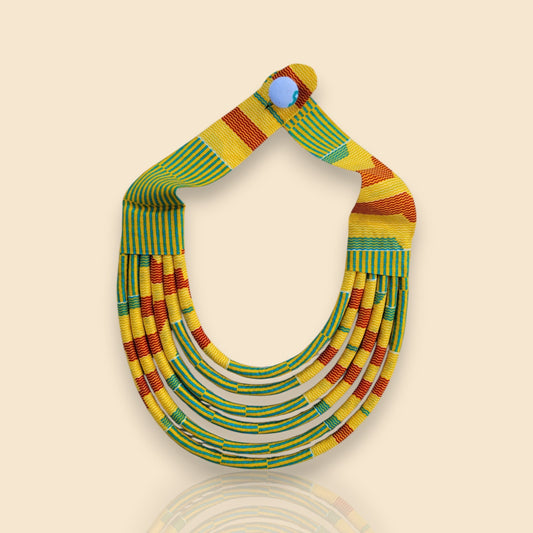 collier en tissu Malia, un collier ethnique chic en wax jaune, rouille et turquoise