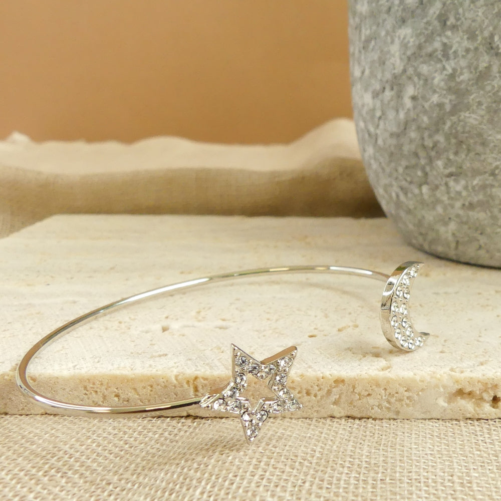 Bracelet rigide-demi lune et étoile sertie de cristaux 