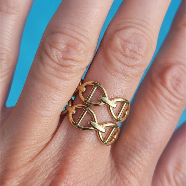 Bague maille marine Thalia, bague acier doré