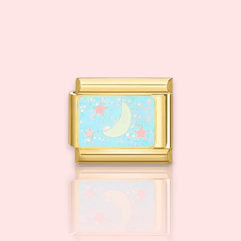 charm pour bracelet italien Bellissima doré motif lune sur fond bleu ciel